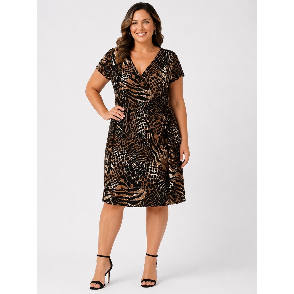 Ronni Nicole Faux Wrap Dress Sz 14 Brown Animal Print Ruched Office Career Indie